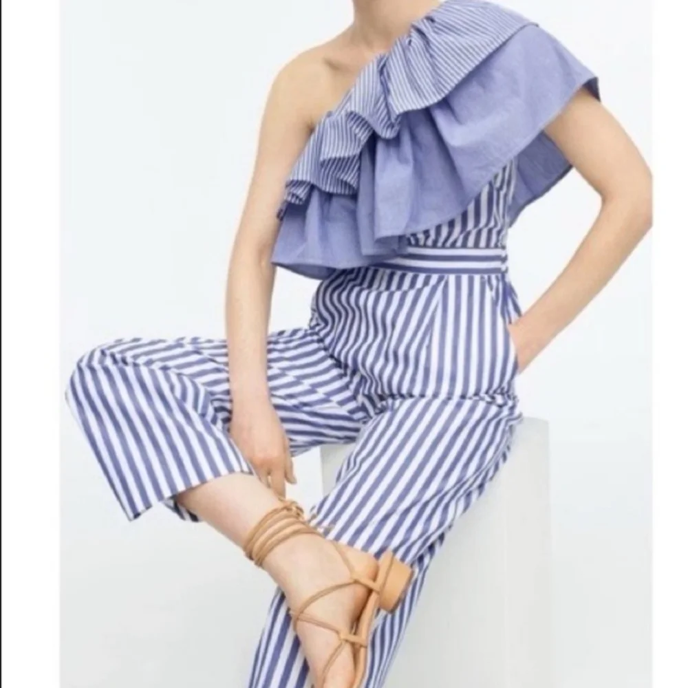 J. Crew One Shoulder Blue Mixed Stripe Jumpsuit Sz 0. New without tags